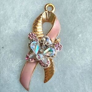 Pink Ribbon Breast Cancer Awareness w/Butterfly Upcycled Pendant